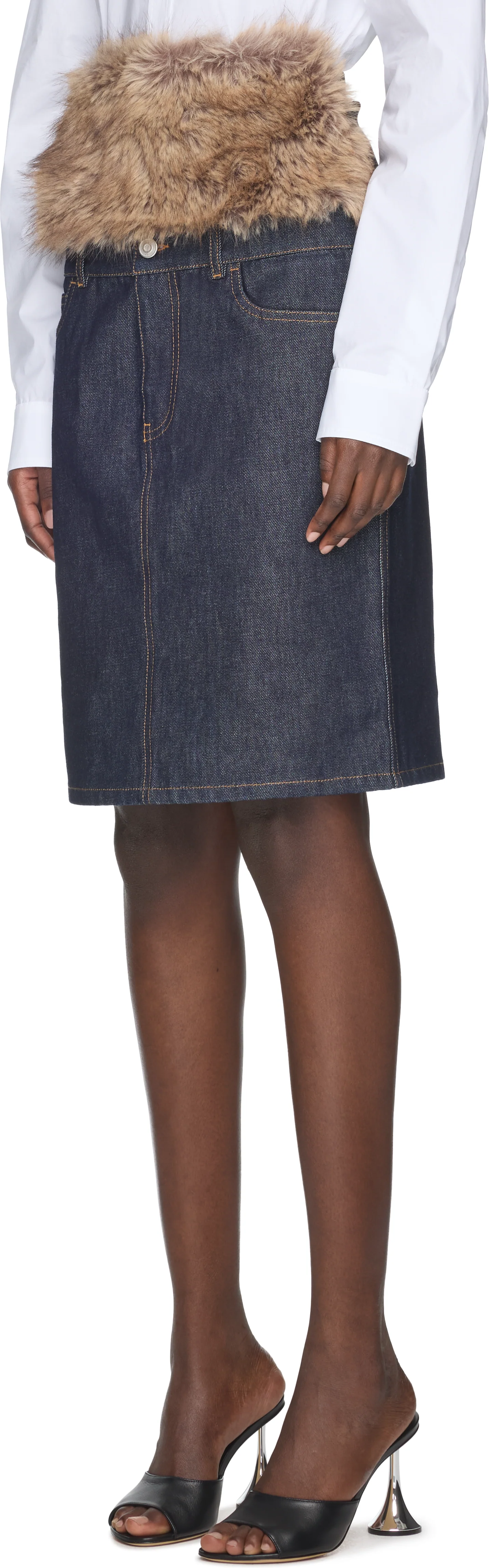 Coperni Faux Fur Hybrid Denim Midi Skirt