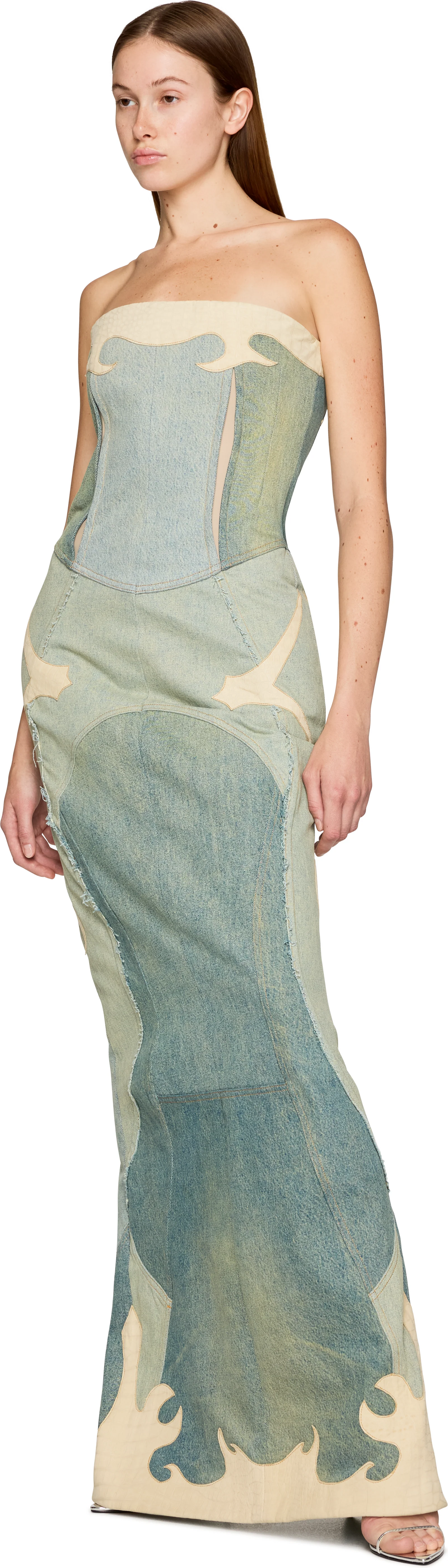 Marine Serre Couture Regenerated Denim and Leather Bustier Maxi Dress