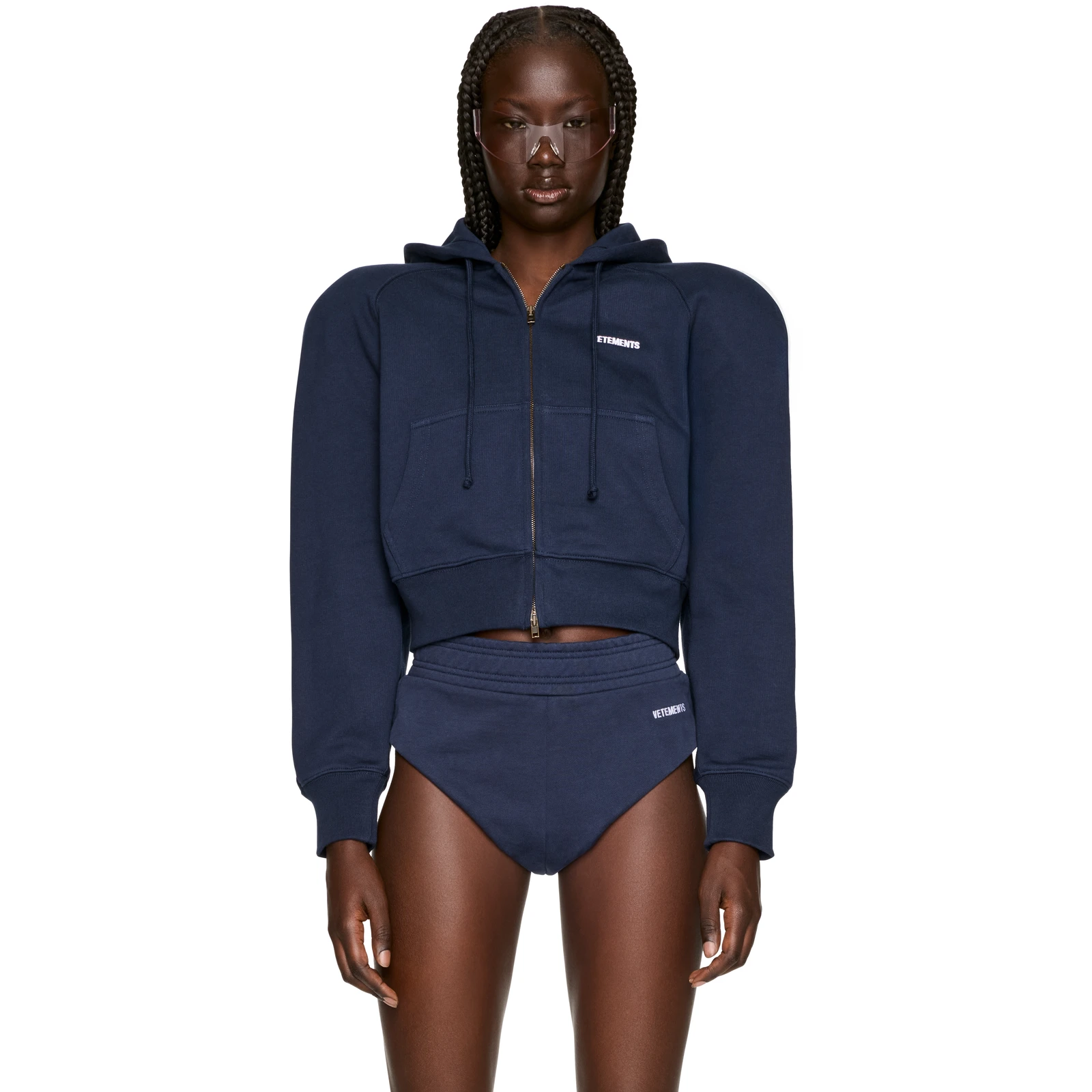 VETEMENTS Round Shoulder Zip-Up Hoodie in Navy