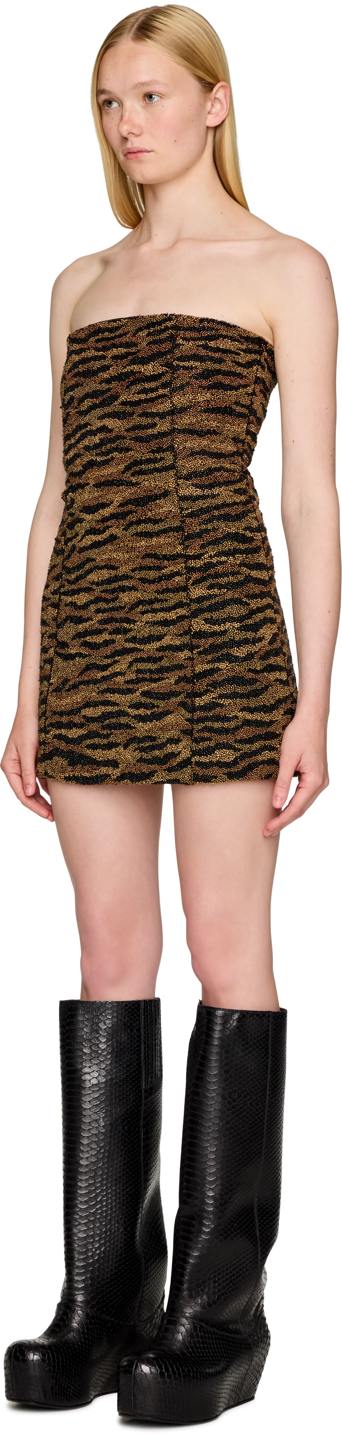 Laura Andraschko Tiger Beaded Corsetted Tube Mini Dress