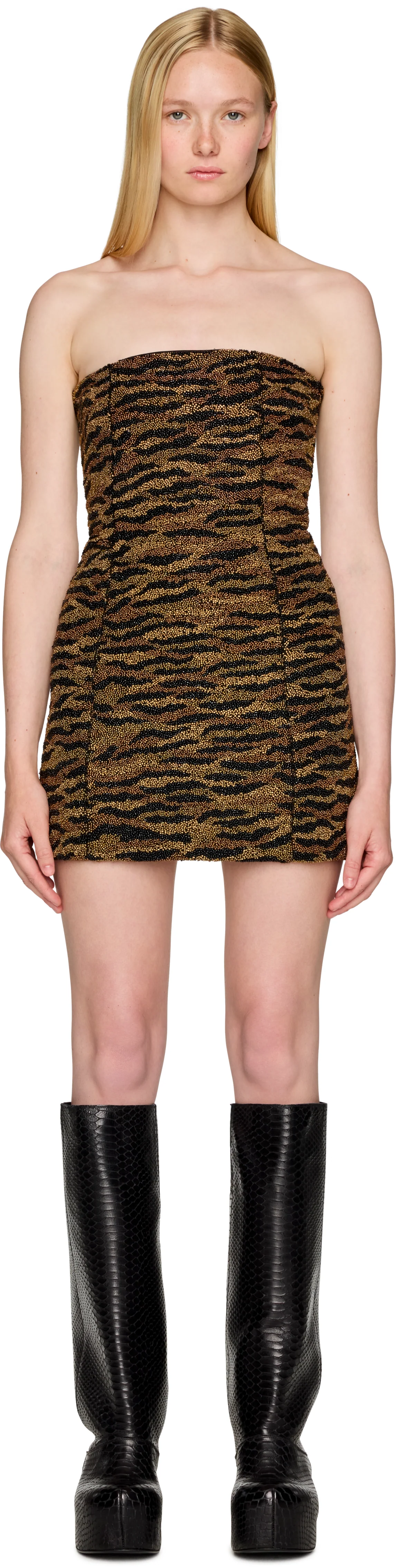 Laura Andraschko Tiger Beaded Corsetted Tube Mini Dress