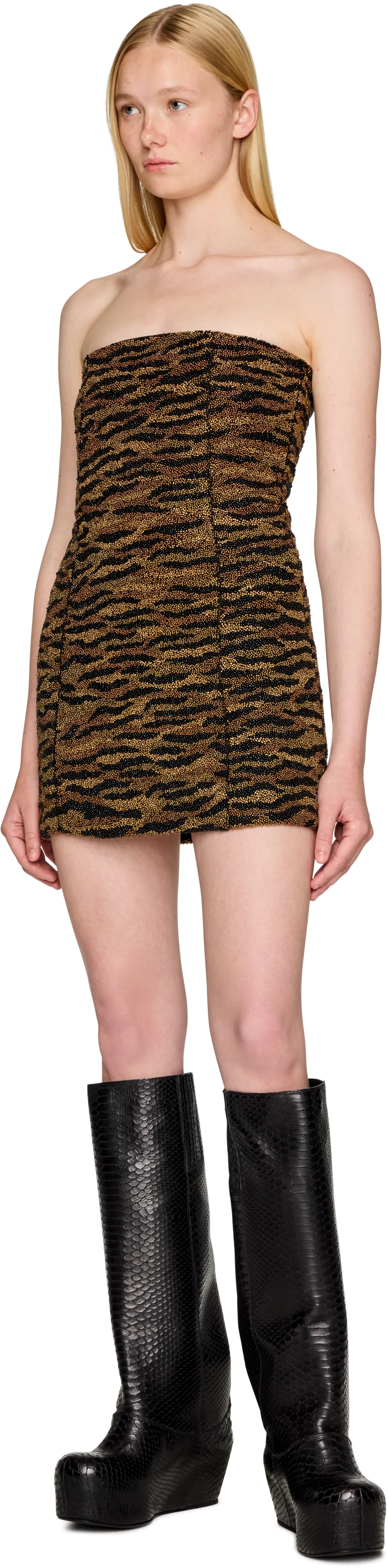 Laura Andraschko Tiger Beaded Corsetted Tube Mini Dress